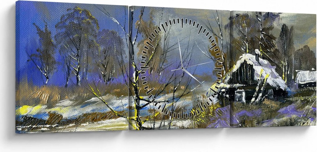 Tablou -Cabane într-un peisaj de iarnă, pictură în ulei (cu ceas) (90x30 cm)