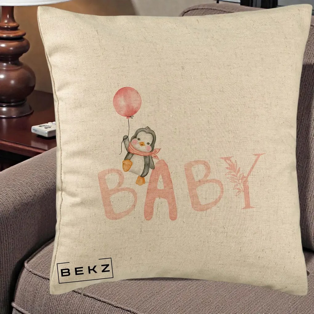 Perna Personalizata Baby Pinguin Roz, 40x40 cm, Bej, Husa Detasabila, Perna Inclusa, BEKZ®