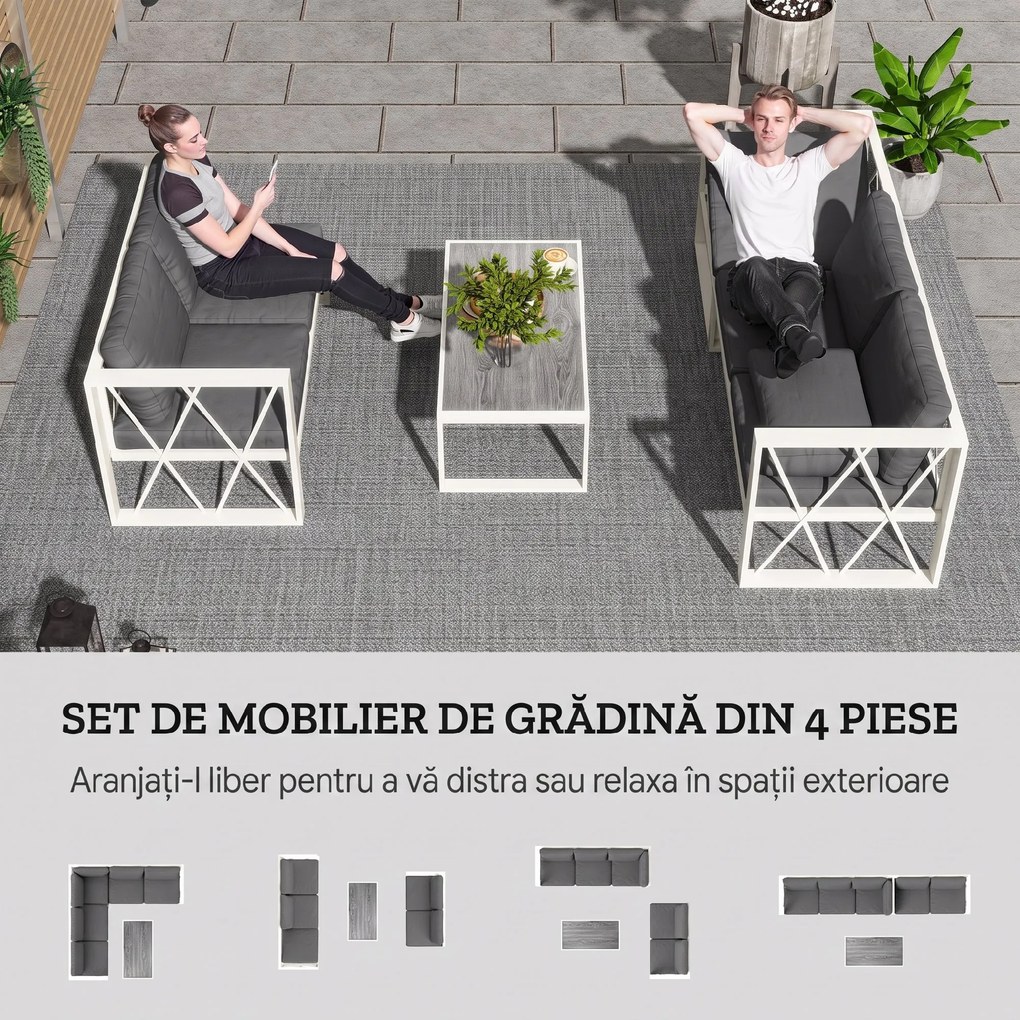 Outsunny Set Mobilier de Grădină din 4 Piese cu 2 Canapele, Fotoliu Reglabil și Măsuță de Cafea, 121x61x62 cm, Gri | Aosom Romania