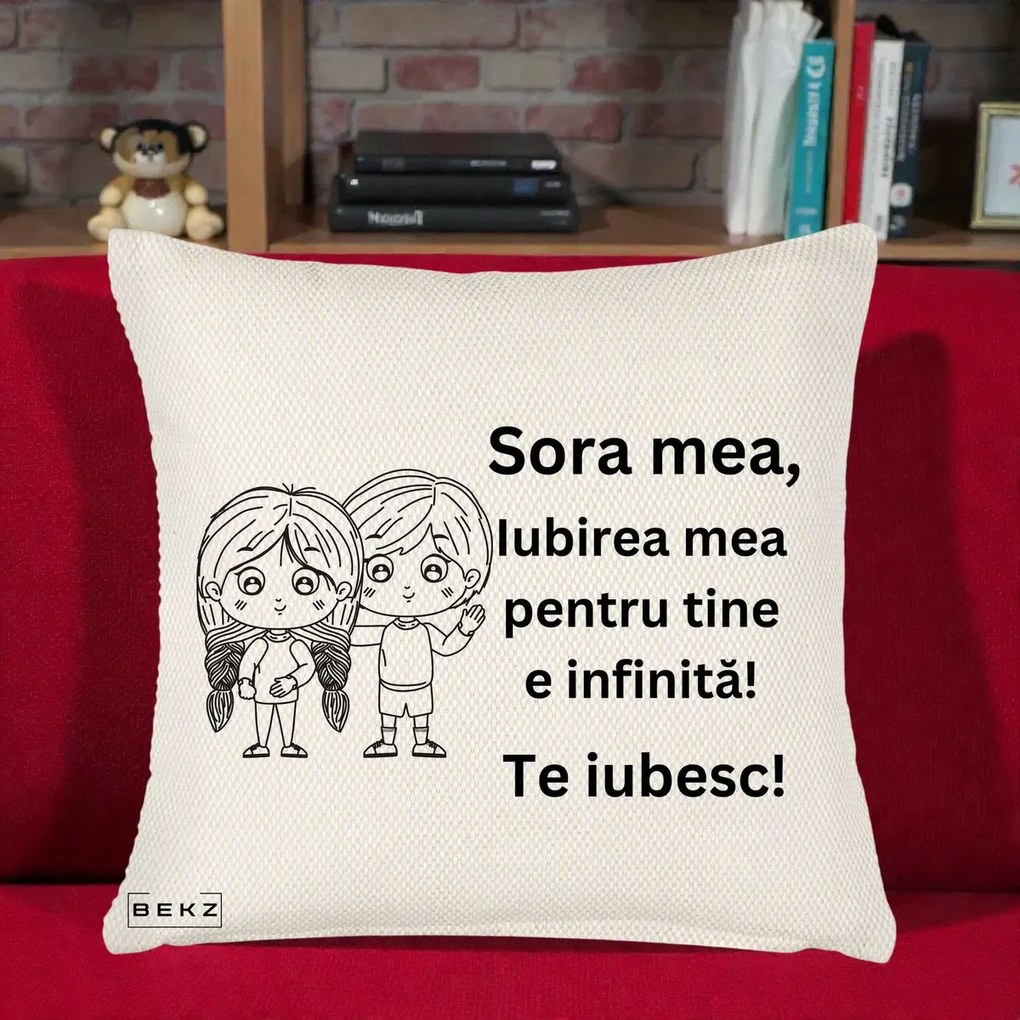 Cadou pentru Sora - Perna Personalizata Sora Mea Te Iubesc Copii Anime Line Art, 40x40 cm, Crem Reliefat, Husa Detasabila, Perna Inclusa, BEKZ®