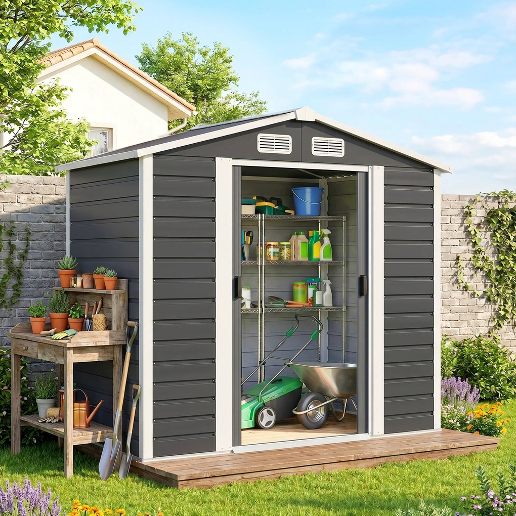 Outsunny Magazie de Grădină din Tablă de Oțel cu 4 Orificii de Ventilație și 2 Uși Glisante, 213x120x194 cm, Gri Închis | Aosom Romania