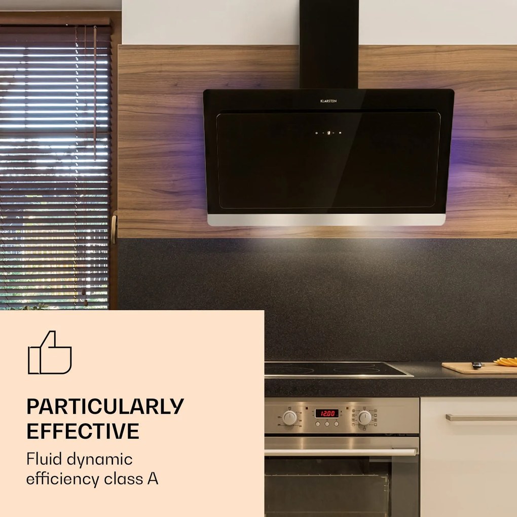 Klarstein Aurora Eco 90, hotă, 90 cm, de perete, 550 m³/h, A+, control tactil, neagra