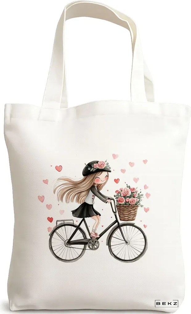 Sacosa de Panza pentru Cumparaturi, Geanta Tote, model Happy cycling girl 38 x 34.5 cm, Alba, BEKZ®
