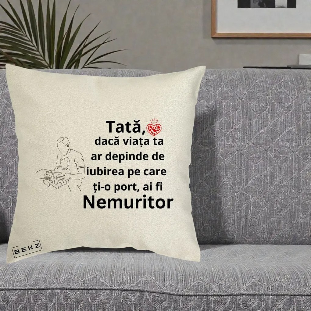Cadou pentru Tata - Perna Personalizata Tata Nemuritor Lectura, 40x40 cm, Ecru, Husa Detasabila, Perna Inclusa, BEKZ®