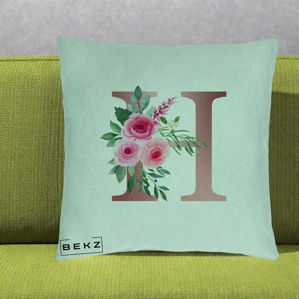 Cadou Personalizat - Perna Personalizata Monograma Rose Gold Litera H, 40x40 cm, Verde Menta, Husa Detasabila, Perna Inclusa, BEKZ®