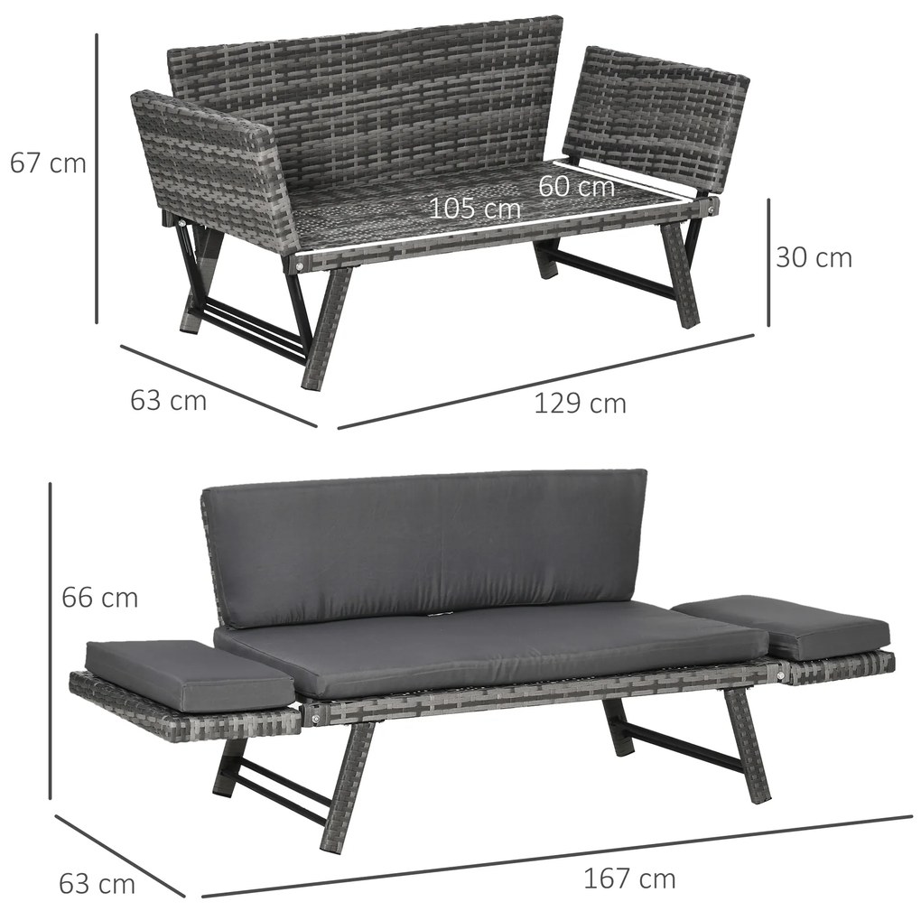 Outsunny Canapea de Grădină din Ratan și Oțel, Canapea cu 2 Locuri și Cotiere Rabatabile, 129x63x67 cm, Gri | Aosom Romania