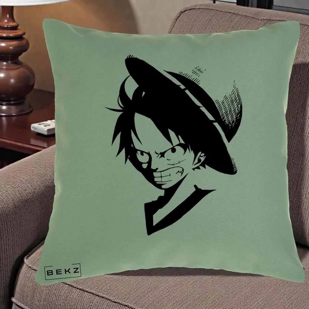 Perna Personalizata One Piece Luffy Silueta Alb-Negru, 40x40 cm, Verde, Husa Detasabila, Perna Inclusa, BEKZ®