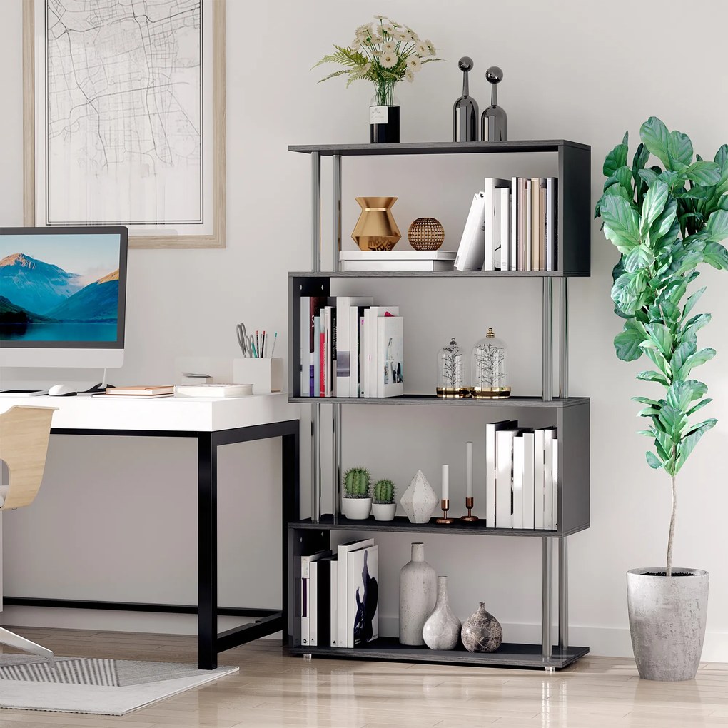 Homcom Bibliotecă cu Design Modern 4 Rafturi, Neagră, 80x30x145cm
