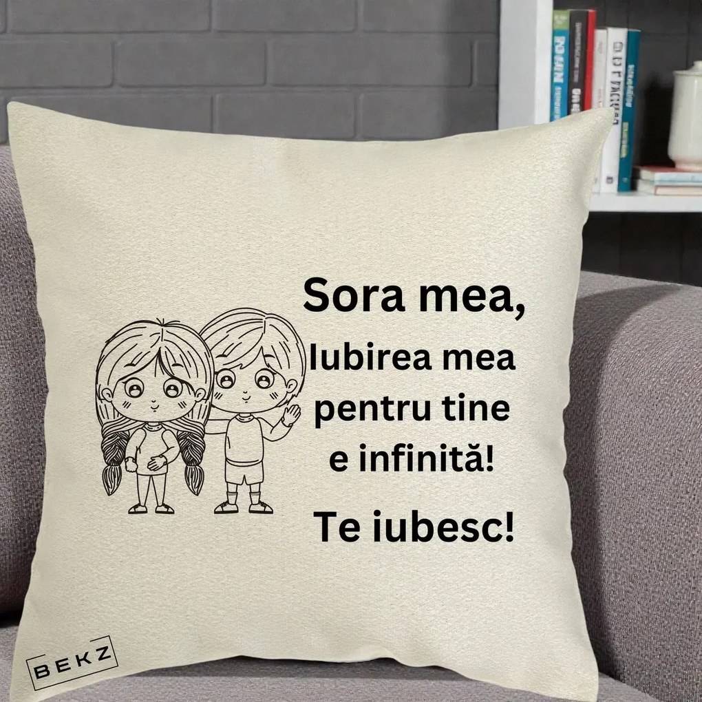 Cadou pentru Sora - Perna Personalizata Sora Mea Te Iubesc Copii Anime Line Art, 40x40 cm, Ecru, Husa Detasabila, Perna Inclusa, BEKZ®
