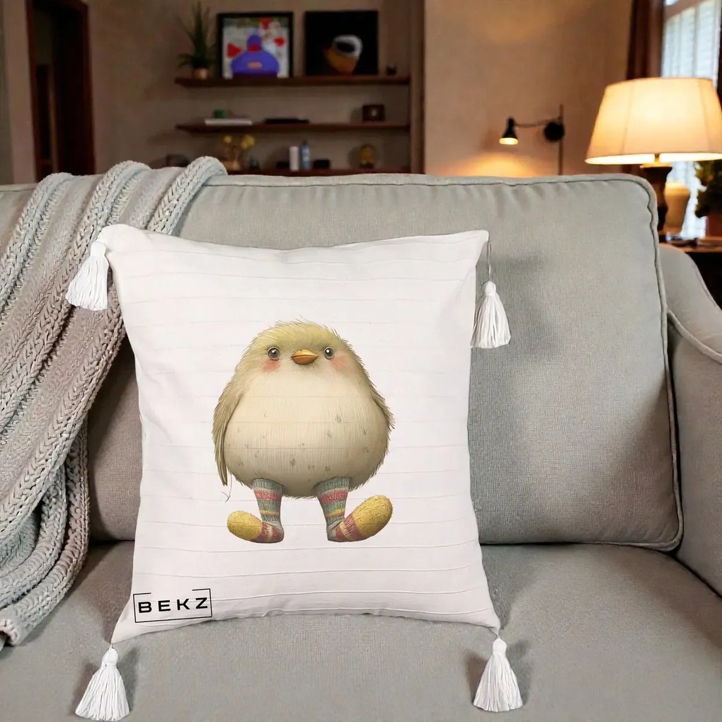 Perna Decorativa Pui Pufos cu Sosete Dungate, 40x40 cm, Bej cu Franjuri, Husa Detasabila, Perna Inclusa, BEKZ®