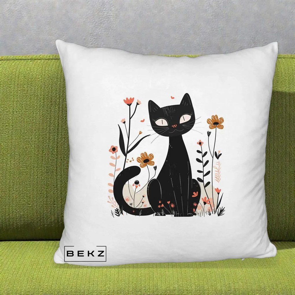 Perna Decorativa Pisica Neagra Flori Pastel Folk, 40x40 cm, Alb Pufos, Husa Detasabila, Perna Inclusa, BEKZ®