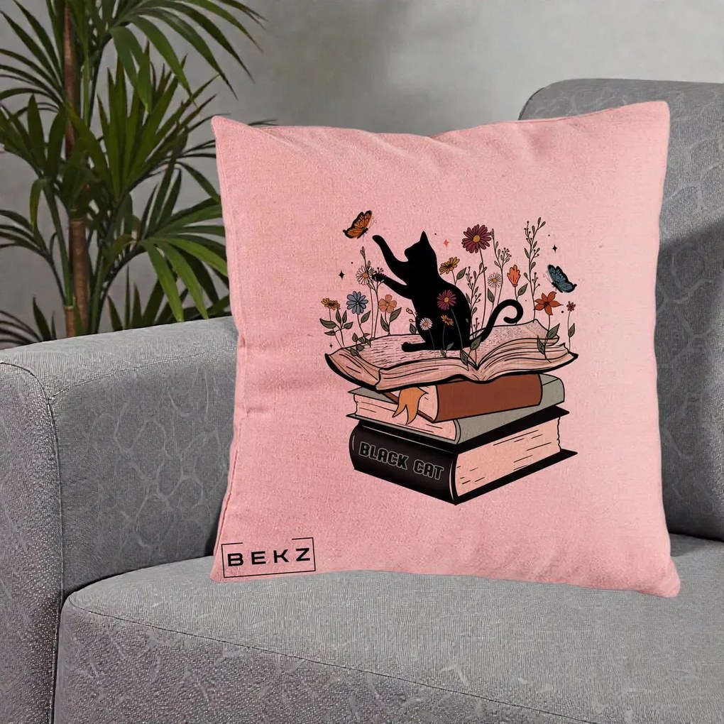 Perna Personalizata Pisica Neagra Carti Flori Fluturi, 40x40 cm, Roz, Husa Detasabila, Perna Inclusa, BEKZ®