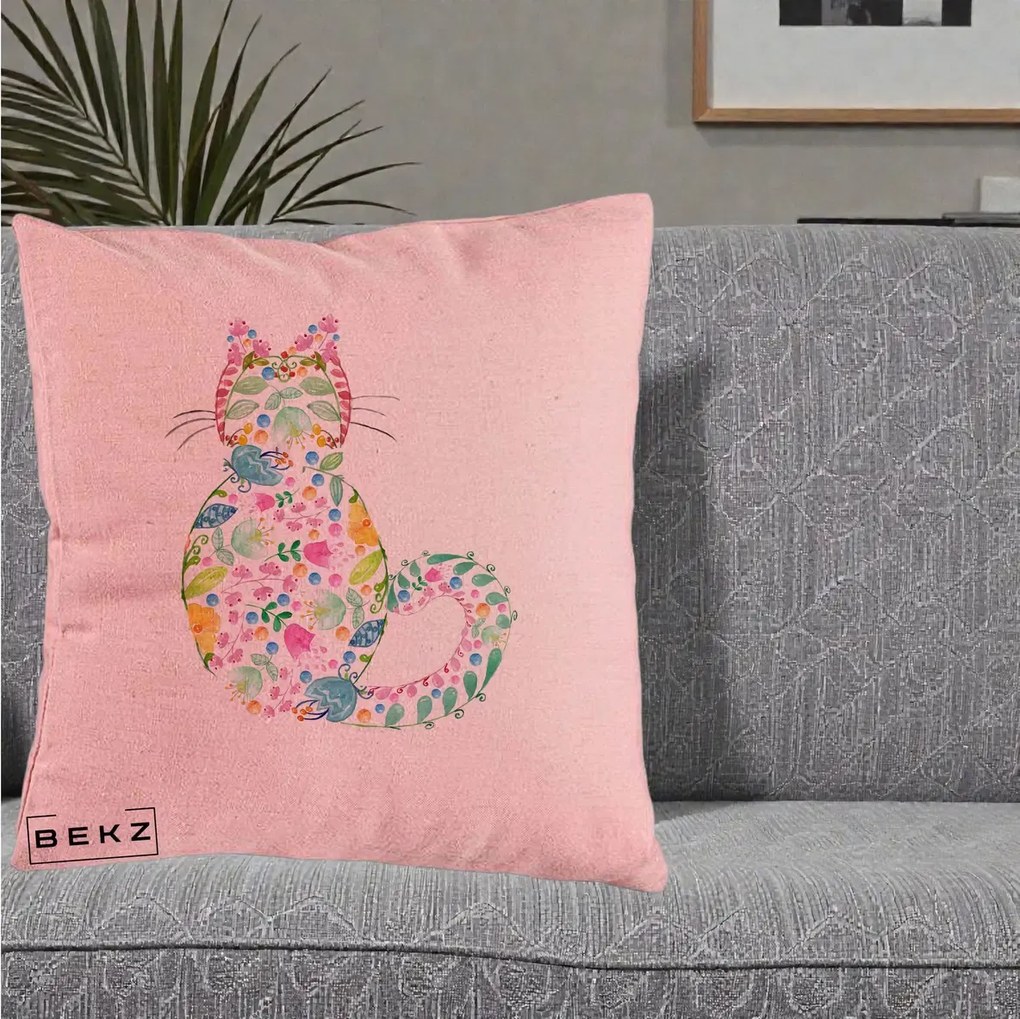 Perna Decorativa Pisica Florala Acuarela, 40x40 cm, Roz, Husa Detasabila, Perna Inclusa, BEKZ®