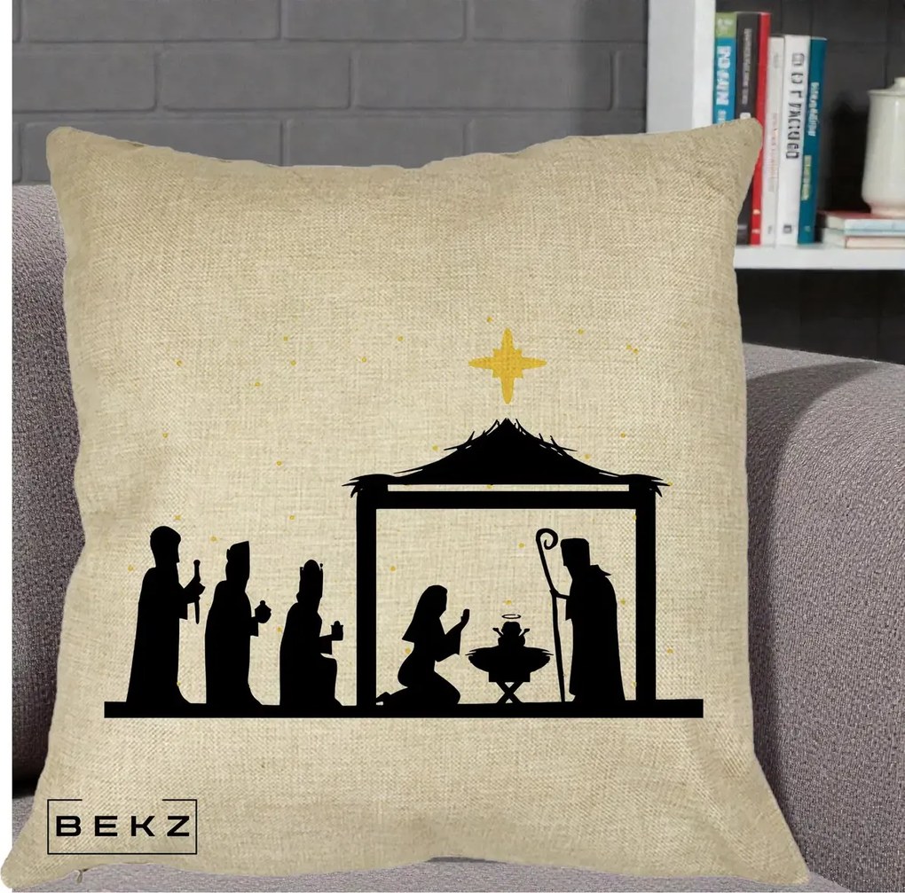 Perna Decorativa Nasterea Pruncului Silueta Neagra si Stea Aurie, 40x40 cm, Crem, Husa Detasabila, Perna Inclusa, BEKZ®