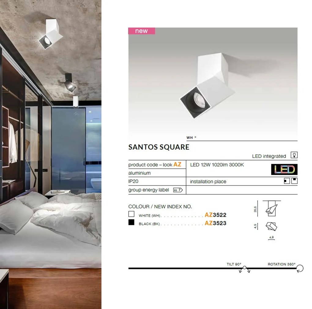Spot LED aplicat directionabil design modern Santos Square alb ZZ AZ3522