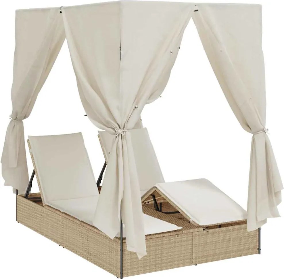 vidaXL Șezlong dublu cu perdele Bej 205 x 129 x 200 cm poliratan