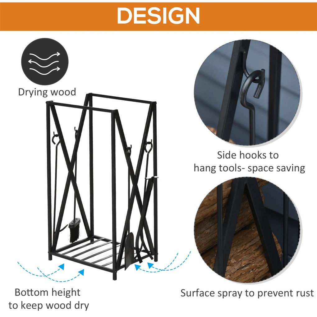 HOMCOM Suport pentru Lemne de Foc din Oțel, Suport pentru Lemne pentru Șemineu cu Vatrai, Perie și Clește, 46x30x76 cm, Negru | Aosom Romania