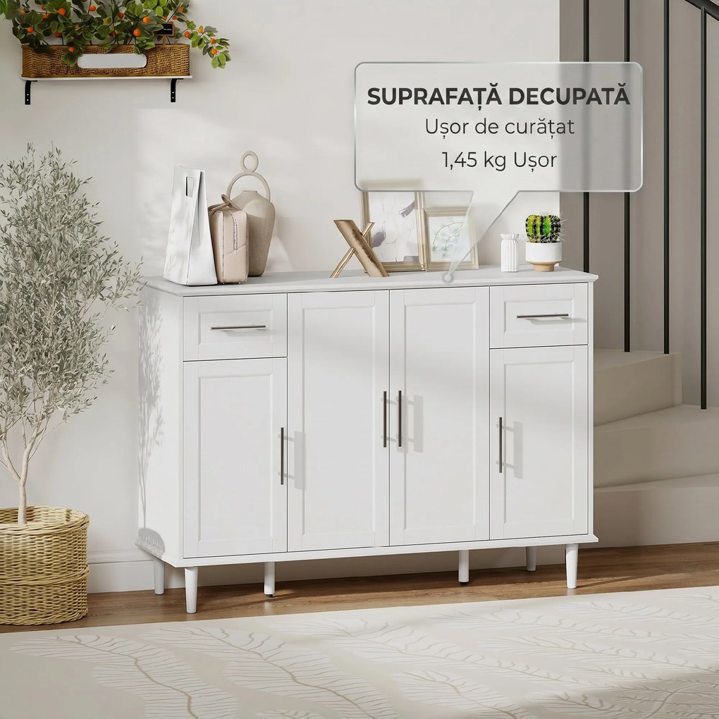 HOMCOM Mobilier de Sufragerie, Credență cu 2 Sertare și 3 Dulapuri cu Rafturi Reglabile, Comodă cu Picioare din Pin pentru Sala de Mese și Bucătărie, 120x38x86 cm, Alb | Aosom Romania