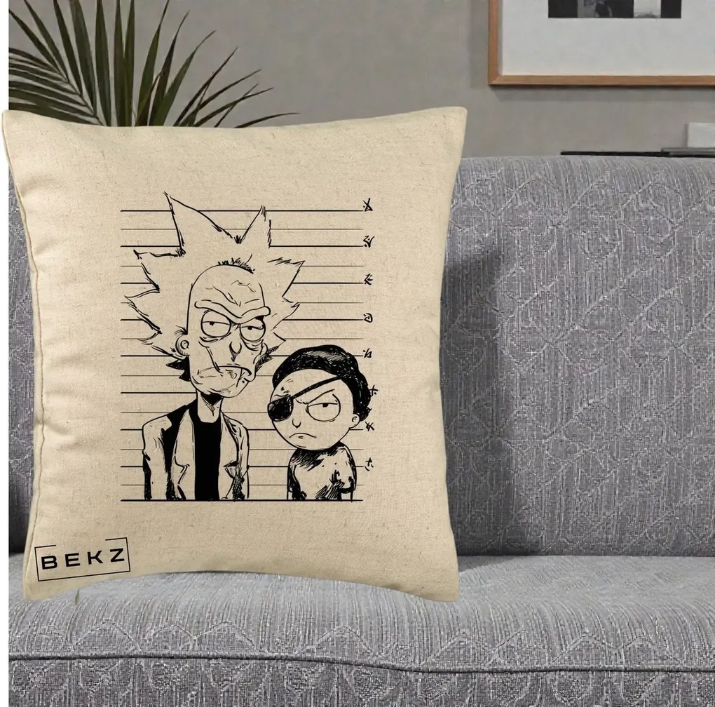 Perna Personalizata Rick si Morty Dosar, 40x40 cm, Bej, Husa Detasabila, Perna Inclusa, BEKZ®