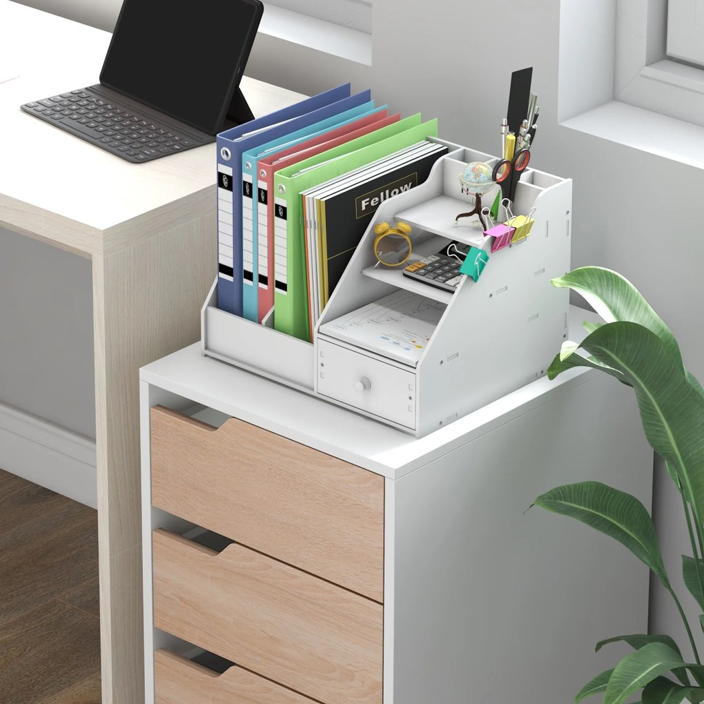 Comoda din MDF cu 3 Sertare si 4 roti cu rotatie de 360 ° (2 cu frane), pentru Birou sau Studio Alba si Lemn 31x37x7.2cm HOMCOM | Aosom Romania