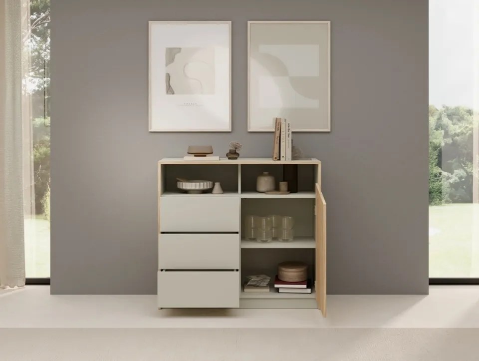 Comodă cu usa si trei sertare, 100x40x91 cm, Atson, ADRK Furniture (Culoare: Stejar / Gri Bej)