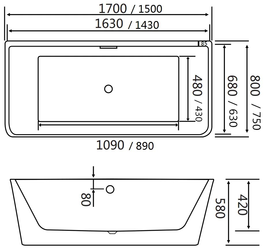 Cada freestanding Calypso lipita de perete 150x75 cm