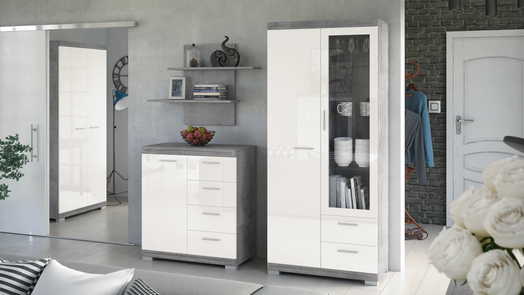 Mazzoni Comodă înaltă SIMPLE KWD2SZ2 Beton Millennium/Alb Luciu - VITRINĂ LIVING DULAP CU RAFTURI