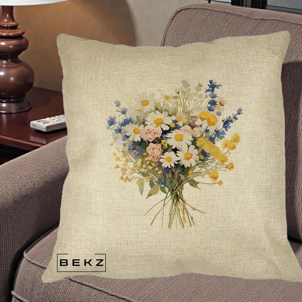 Perna Decorativa Buchet Camp Acuarela Margarete-Lavanda, 40x40 cm, Crem, Husa Detasabila, Perna Inclusa, BEKZ®