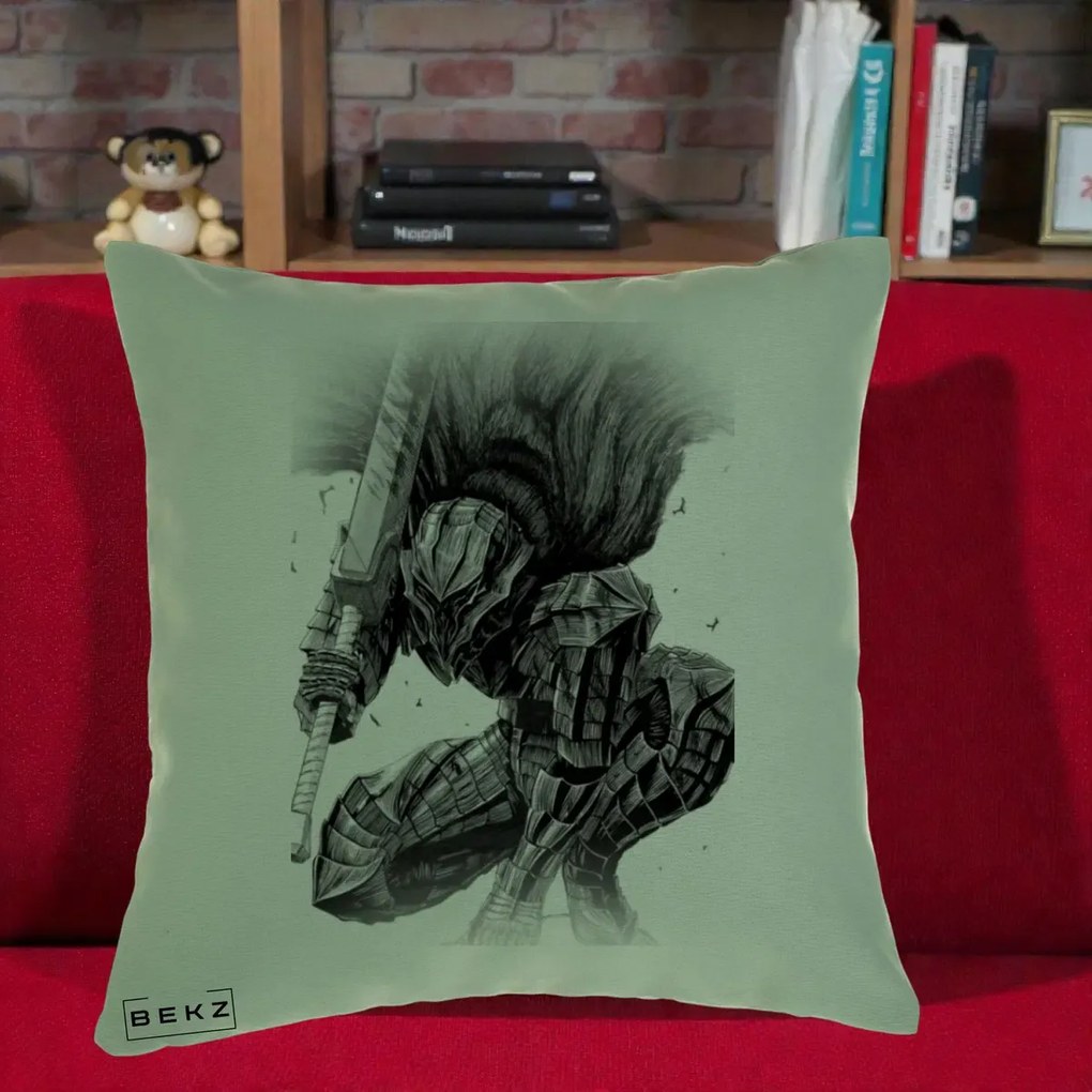 Perna Personalizata Berserk Guts Armor of Darkness Manga, 40x40 cm, Verde, Husa Detasabila, Perna Inclusa, BEKZ®