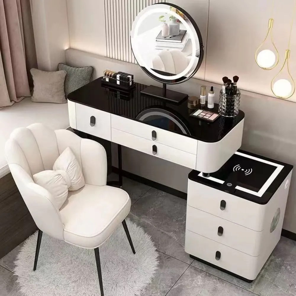RESIGILAT Set Margot, Masă de toaletă pentru machiaj cu oglindă iluminată LED, control touch, 6 sertare, comoda, scaun, Difuzor Bluetooth, zona încărcare fără fir, Alb