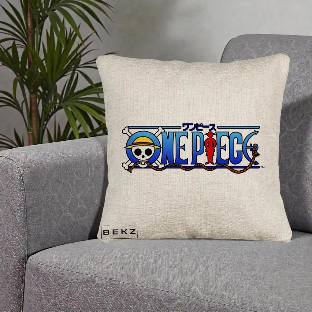 Perna Personalizata One Piece Clasic Albastru, 40x40 cm, Bej Canapea, Husa Detasabila, Perna Inclusa, BEKZ®