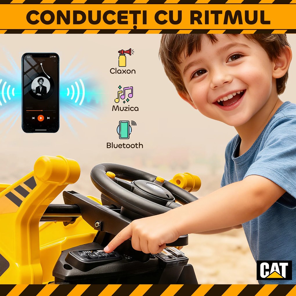 AIYAPLAY Ruspa Electrică pentru Copii 3-6 Ani Marca Oficială Caterpillar 12V cu Telecomandă, Galben | Aosom Romania