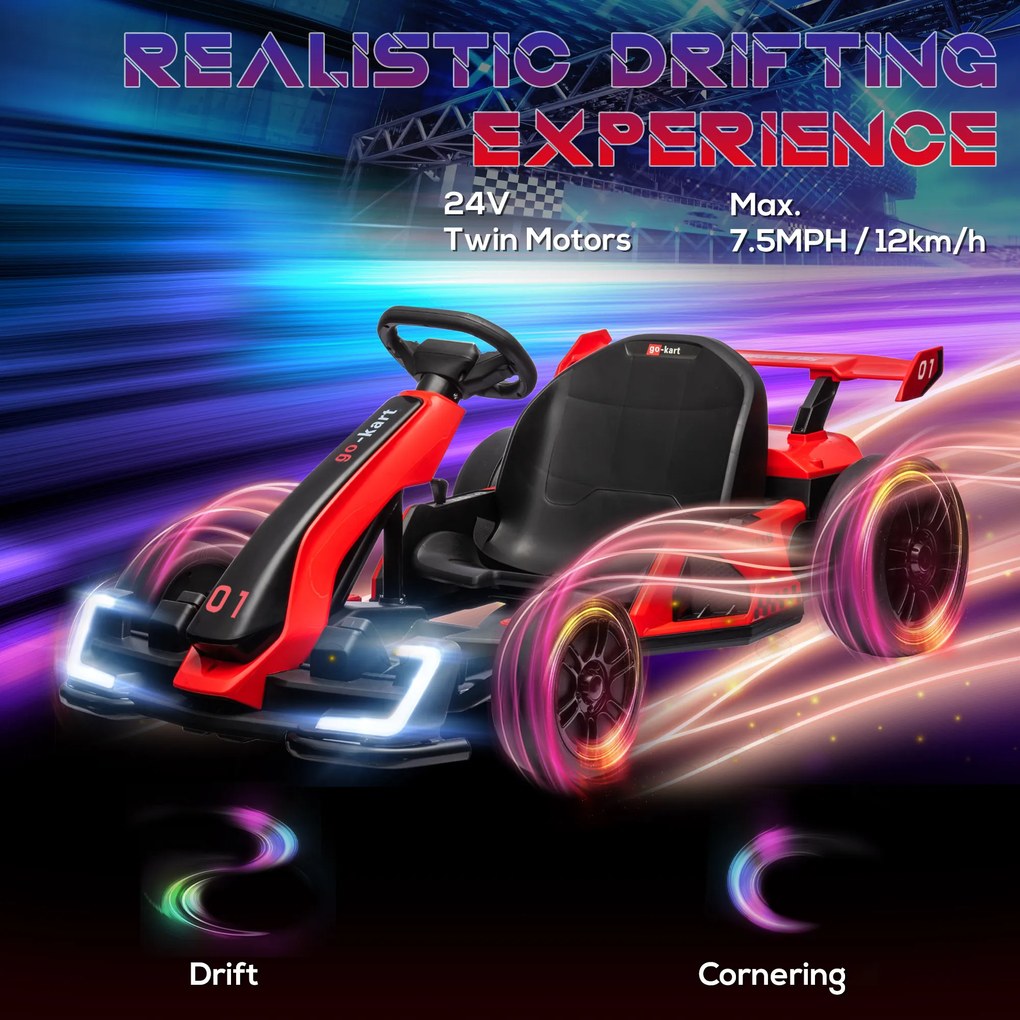 HOMCOM Go-Kart Electric pentru Copii cu Scaun Reglabil, 2 Motoare, Claxon, Lumini și Muzică, 120x76x53.5 cm, Roșu | Aosom Romania