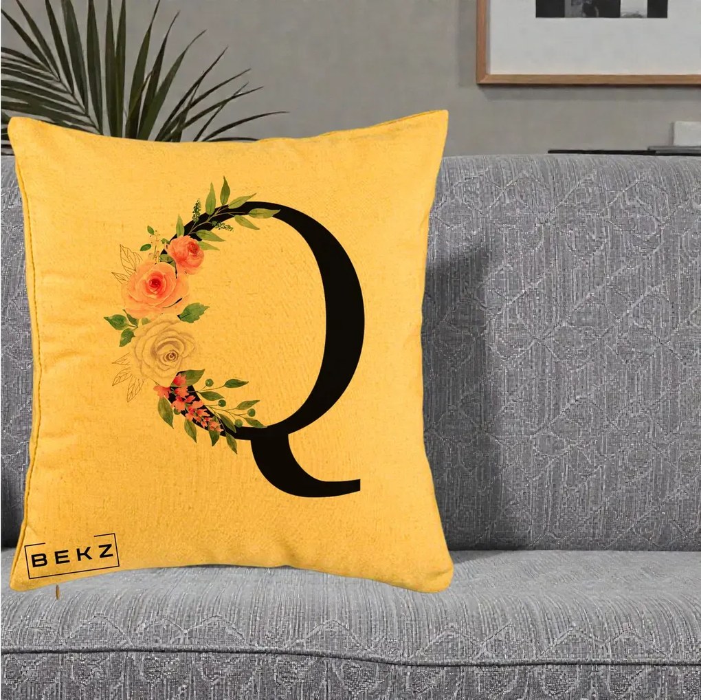 Cadou Personalizat - Perna Personalizata Monograma Florala Litera Q, 40x40 cm, Galben, Husa Detasabila, Perna Inclusa, BEKZ®