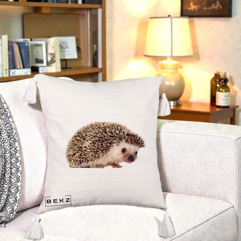 Perna Decorativa Arici Fotorealist, 40x40 cm, Bej cu Franjuri, Husa Detasabila, Perna Inclusa, BEKZ®