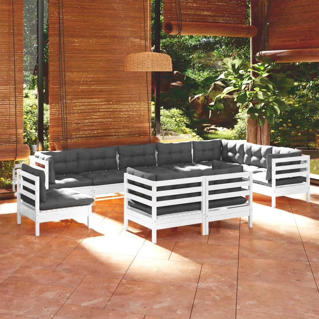 3096780 vidaXL Set mobilier grădină cu perne, 10 piese, alb, lemn masiv de pin
