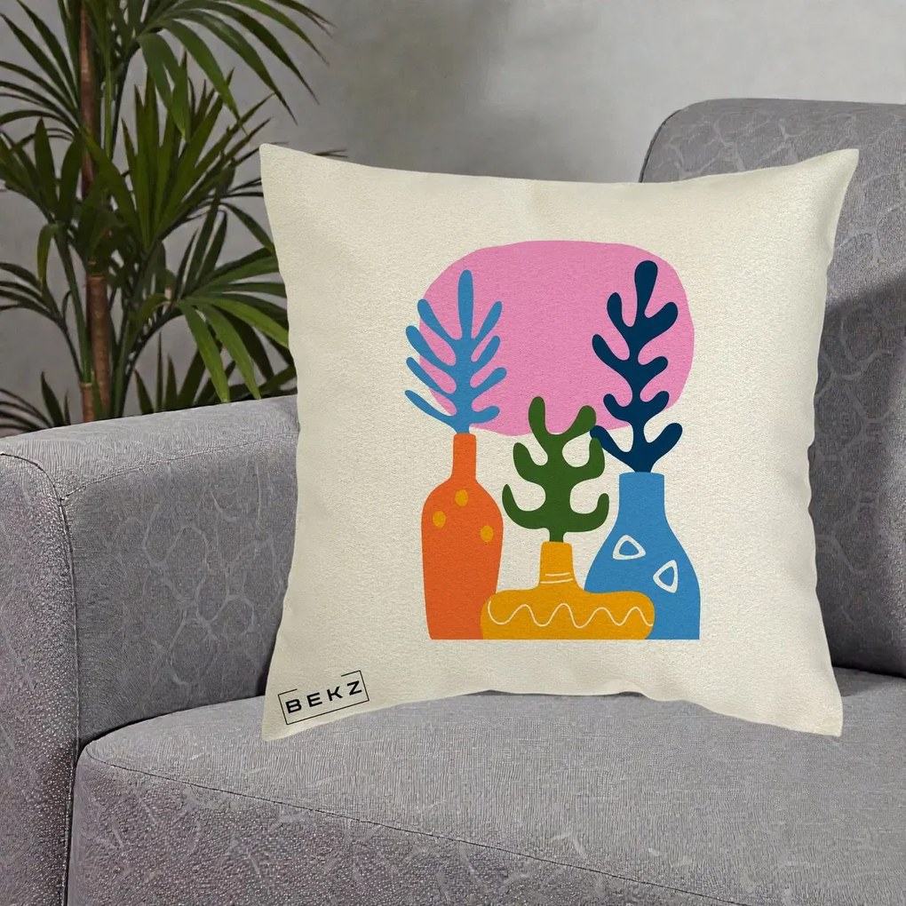 Perna Decorativa Vaze Botanice Abstract, 40x40 cm, Ecru, Husa Detasabila, Perna Inclusa, BEKZ®