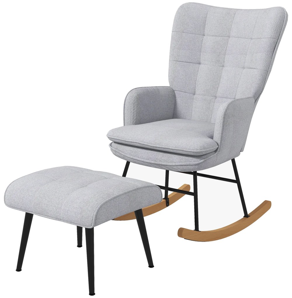 HOMCOM Fotoliu cu leagăn și otomană în design scandinav Fotoliu cu taburet, Lemn de fag, Captuseală, 64 cm x 89 cm x 90 cm Gri | Aosom Romania