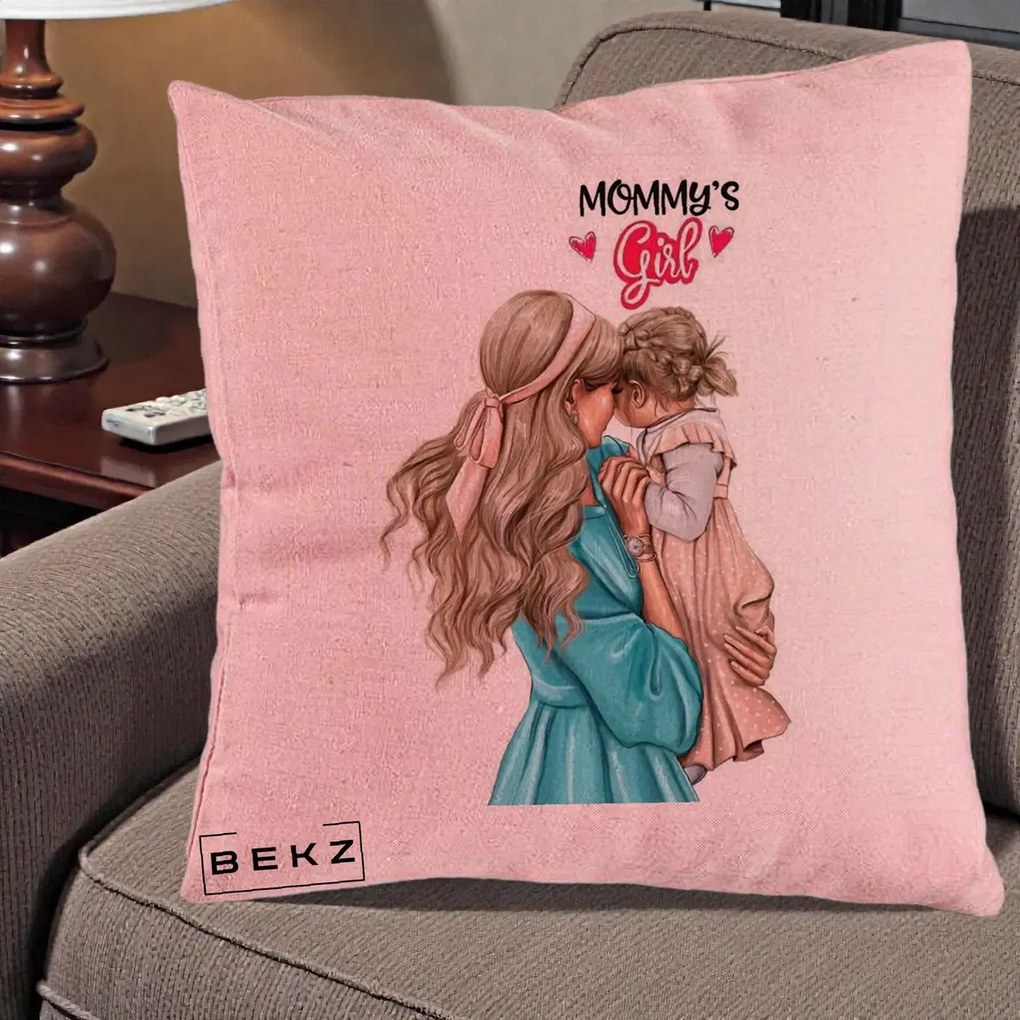 Cadou pentru Mama - Perna Personalizata Mommy's Girl Mama si Fetita, 40x40 cm, Roz, Husa Detasabila, Perna Inclusa, BEKZ®