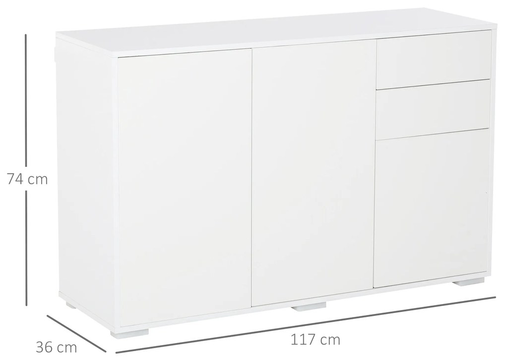 HOMCOM Mobilier Multiuz Alb, pentru Sufragerie Bucătărie Birou, 2 Sertare și 2 Uși, Deschidere Prin Apăsare, 117x36x74cm | Aosom Romania