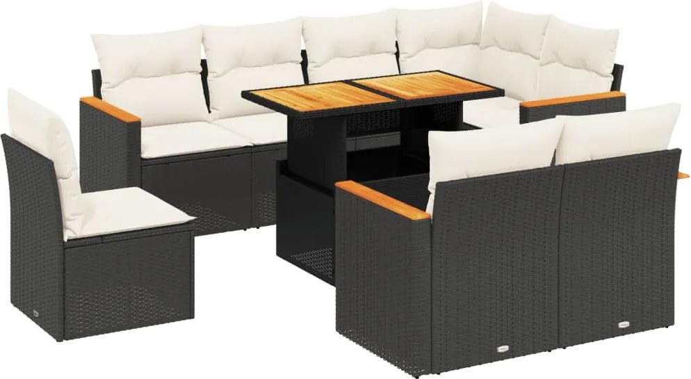 vidaXL Set mobilier de grădină cu perne, 9 piese, negru, poliratan