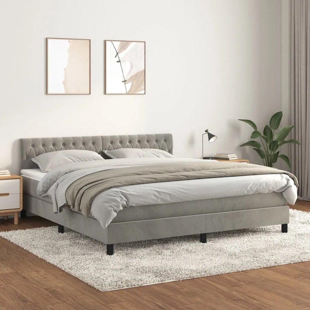 vidaXL Pat box spring cu saltea, gri deschis, 180x200 cm, catifea