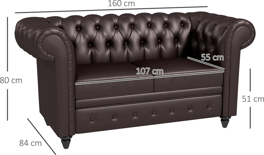HOMCOM Canapea cu 2 locuri in stil Chesterfield din piele ecologica, lemn si metal, canapea clasica cu perna detasabila, 160x84x80 cm, maro