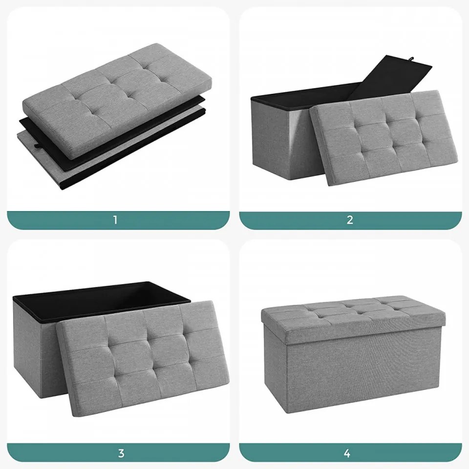 Bancheta cu capac si spatiu depozitare, MDF / textil, gri, Vasagle