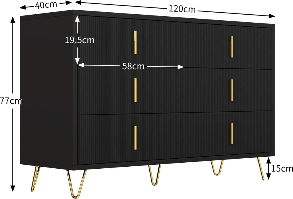 Bufet cu 6 sertare, mânere și picioare aurii, textură ondulată, 120x40x77 cm, Negru+Aurii