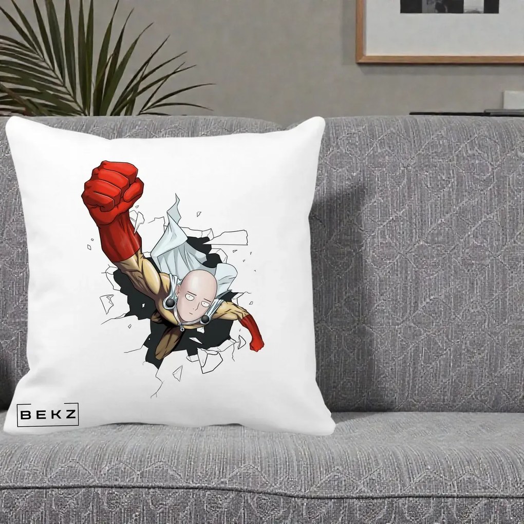 Perna Personalizata One Punch Man Saitama Pumn, 40x40 cm, Alba Mata, Husa Detasabila, Perna Inclusa, BEKZ®