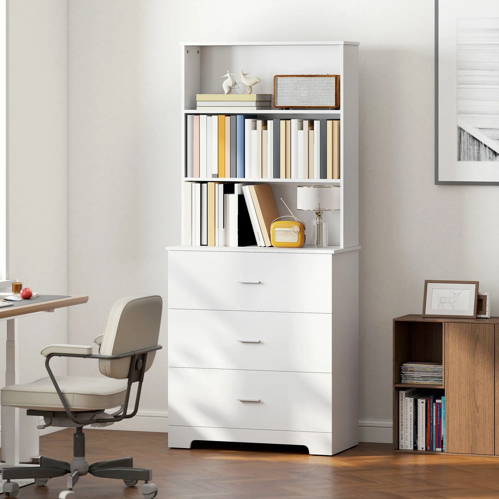 Bibliotecă HOMCOM cu 3 rafturi deschise și 3 sertare, din lemn, 79x39.5x182.2 cm, Alb | Aosom Romania