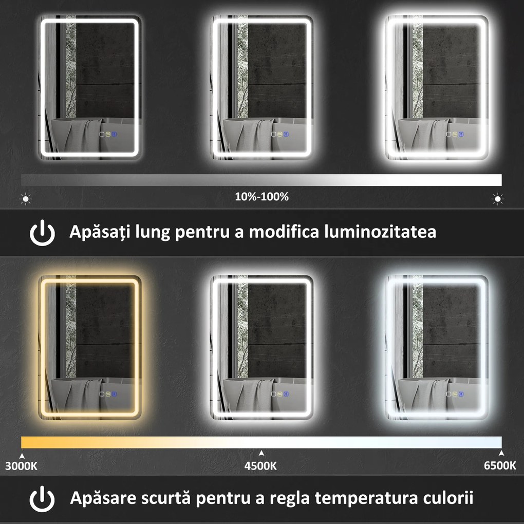 HOMCOM Oglindă de Baie Bluetooth LED 50 x 70 cm cu Anticeață - Argintiu | Aosom Romania