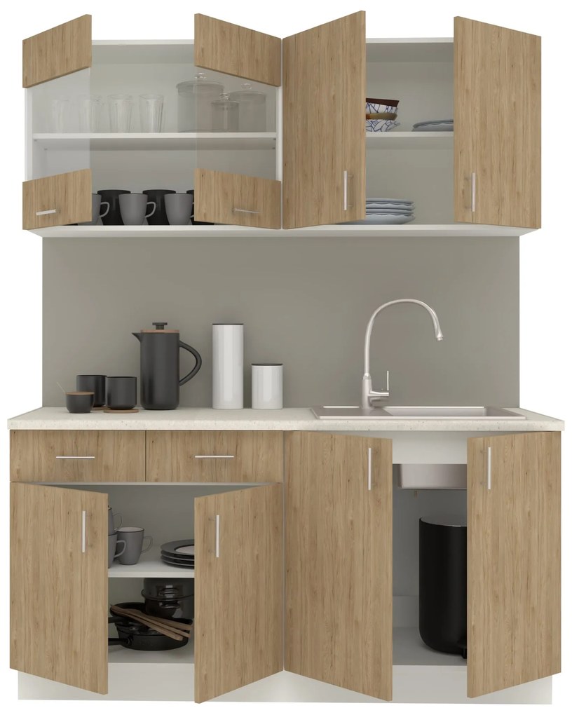 Set Bucatarie Karo V8, Lemn Natural/Alb, Blat Thermo 28 mm, L 160 cm