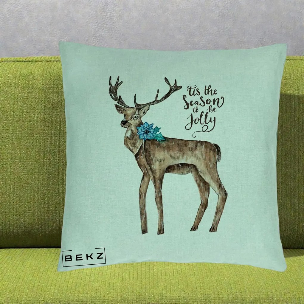 Perna Decorativa Ren Tis the Season to be Jolly, 40x40 cm, Verde Menta, Husa Detasabila, Perna Inclusa, BEKZ®